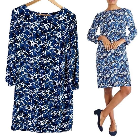 J.Crew Indigo Blue Floral Shift Dress 3/4 Sleeves, Size‎ Small - Picture 1 of 11